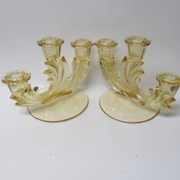 Fostoria Elegant Glass Topaz Yellow BAROQUE Triple Candle Holders, Pair